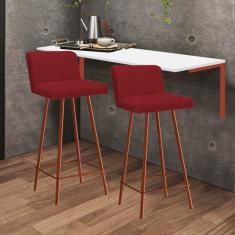 Imagem de Kit Mesa Suspensa de Parede Fixa MDF Branco + 2 Banquetas Lexi Ferro Bronze Corino Vermelho - Ahazzo Móveis
