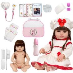 Imagem de Boneca Reborn Cabelo Longo Castanho Pode Dar Banho + Itens - Cegonha R