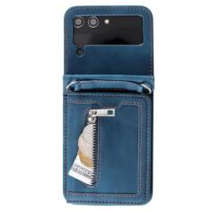 Imagem de Carteira de cartões com zíper Capa de couro crossbody para Samsung Galaxy Z Flip 5 4 3 Flip5 Flip4 Corda longa alça de mão capa de bolsa, azul, para Galaxy Z Flip 4