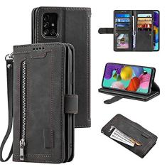Imagem de UEEBAI Capa carteira para Samsung Galaxy A51, retrô com 9 compartimentos para cartões, bolso com zíper, bolsa de mão de couro PU, fecho magnético, suporte com alça de pulso TPU à prova de choque, capa