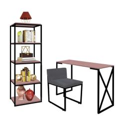 Imagem de Kit Escritório Bex 1 Cadeira Suede Cinza com 1 Mesa e 1 Livreiro Ferro Preto MDF Rose Rosa - Ahazzo Móveis