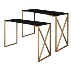 Imagem de Kit 02 Mesa Escrivaninha Escritório e Home Office BeX Industrial Ferro Dourado Tampo MDF Preto - Ahazzo Móveis
