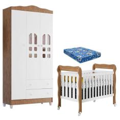 Imagem de Berço Americano Lila e Guarda Roupa Infantil New Selena 3 Portas Branco Acetinado Amadeirado com Colchão Ortobom – Carolina Móveis