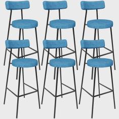 Imagem de Kit 06 Banquetas Alta Bar Cozinha Sala de Jantar Estrutura em Aço Milão L02 Linho Azul - Lyam Decor