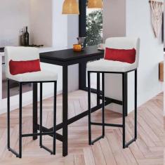 Imagem de Kit 02 Banqueta Alta com Encosto Lucca Industrial Cozinha Balcão Ferro Preto Corino Branco e Almofada Vermelho - Ahazzo Móveis