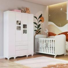 Imagem de Quarto de Bebê com Guarda Roupa 4 Portas com Janelas e Berço 100% MDF Mimo Espresso Móveis Branco Brilho