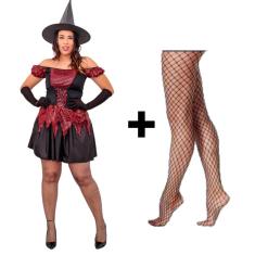 Imagem de Fantasia Halloween Adulto Bruxa Vestido + Chapéu + Meia Arrastão Vestido de Bruxa Malvada Feiticeira Brilho Carnaval