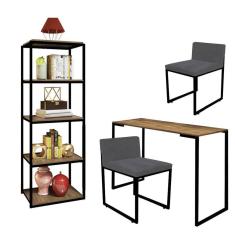 Imagem de Kit Escritório Ravi 2 Cadeiras Suede Cinza com 1 Mesa e 1 Livreiro Ferro Preto MDF Caramelo - Ahazzo Móveis