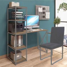 Imagem de Kit Escritório Mesa Max BeX 5 Prateleiras e Cadeira Stan Prata Tampo Imbuia Suede Cinza - Ahz Móveis