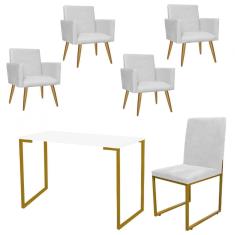 Imagem de Kit Escritório Stan 4 Poltronas com Cadeira e Mesa Industrial Tampo Branco Dourado Tecido Sintético Branco - Ahz Móveis