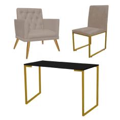 Imagem de Kit Escritório Stan Poltrona Maria com Cadeira e Mesa Industrial Preto Dourado Tecido Sintético Bege - Ahz Móveis
