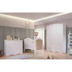Imagem de Quarto de Bebê 3 Peças com Berço Capitonê Cômoda 4 Gavetas e Guarda Roupa 4 Portas 4 Gavetas Aquarela Espresso Móveis Branco
