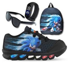 Imagem de tenis de led infantil masculino sonic preto com luzinha meninos mais mochila com relogio e oculos-Masculino