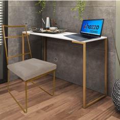 Imagem de Kit Escritório Stark Cadeira e Mesa Industrial Ferro Dourado Tampo MDF Branco Sintético Bege - Ahz Móveis