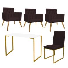 Imagem de Kit Escritório Stan 3 Poltronas Capitonê com Cadeira e Mesa Industrial Branco Dourado Suede Marrom - Ahz Móveis