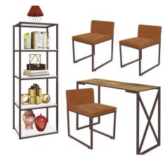 Imagem de Kit Escritório Bex 3 Cadeiras Suede Terracota com 1 Mesa e 1 Livreiro Ferro Marrom MDF Caramelo - Ahazzo Móveis