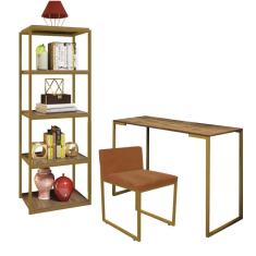 Imagem de Kit Escritório Ravi 1 Cadeira Suede Terracota com 1 Mesa e 1 Livreiro Ferro Dourado MDF Rústico - Ahazzo Móveis