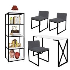 Imagem de Kit Escritório Bex 3 Cadeiras Suede Cinza com 1 Mesa e 1 Livreiro Ferro Preto MDF Branco - Ahazzo Móveis