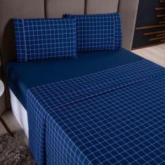Imagem de Jogo De Cama Refúgio Casal Percal 100% Algodão Luxo 4 Peças Grid Azul