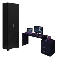 Imagem de Mesa para Computador Gamer DRX 5000 e Livreiro Office com Portas Grandes Preto Trama - Móveis Leão