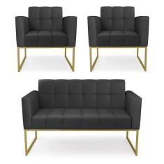 Imagem de Kit 1 Sofá Namoradeira E 2 Poltronas Elisa Material Sintético Base Met