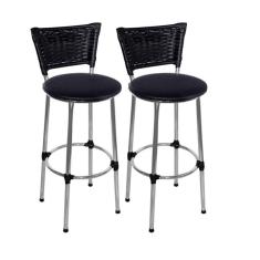 Imagem de Kit 2 Banquetas Altas Cromada com Encosto Junco Preto Assento Preto