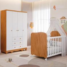 Imagem de Quarto de Bebê Completo Berço Americano Uli Guarda Roupa 4 Portas 3 Gavetas Junior 100% MDF
