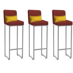 Imagem de Kit 03 Banqueta Alta com Encosto Lucca Industrial Cozinha Balcão Ferro Cinza Suede Vermelho e Almofada Amarelo - Ahazzo Móveis