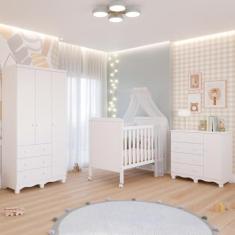 Imagem de Quarto Bebê Completo Berço Americano Cloe 2 em 1 Guarda Roupas 3 Portas 3 Cômoda Junior 100% MDF