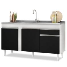 Imagem de Balcão Gabinete com Pia Inox 150cm 3 Portas 1 Gaveta Dakota Branco/Preto - Lumil