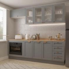 Imagem de Cozinha Modulada 6 Peças com Tampo, Portas de Vidro e Balcão de Embutir Cabecasa Madeiramadeira Cinza/branco