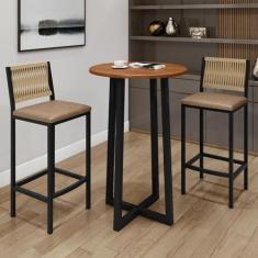 Imagem de Conjunto Bistrô Coliseu Tampo Maciço Pinus 70cm com 2 Banquetas Barcelona Preto/Bege