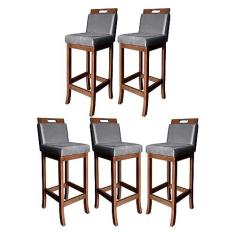Imagem de Kit 5 Banquetas Alta para Ilha de Cozinha Milão Madeira Castanho Suede Cinza CCS