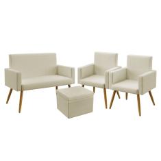 Imagem de Kit Poltrona Namoradeira e 2 Poltronas Decorativas Vega com Puff Quasar Suede Bege Aradecor