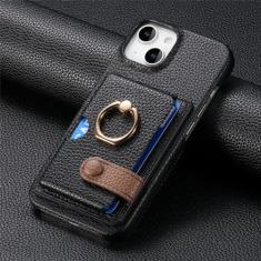 Imagem de Capa de telefone com suporte de anel de couro para iPhone 13 12 Mini 15 14 11 Pro Max X XS XR 7 8 Plus Carteira com capa de suporte de cartão, preta, para iPhone 14 Pro
