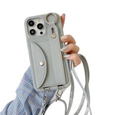 Imagem de Capa de telefone crossbody com alça de pulso para iPhone 13 12 Mini 15 14 11 Pro XS Max XR 7 8 Plus Porta-cartões Capa de couro com cordão, azul, para iPhone 13 Pro