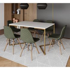 Imagem de Mesa Industrial Retangular Branca Base V Dourada 137x90cm 6 Cadeiras Eames Madeira Estofadas Verdes