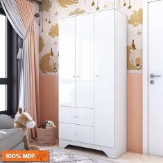 Imagem de Guarda Roupa Infantil 3 Portas 2 Gavetas 100% MDF Ben Plus Móveis Peroba Branco Brilho