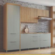 Imagem de Cozinha Completa em MDF Nesher Paris Ripada com 270 cm de Largura, 7 Portas, 6 Gavetas e 11 Prateleiras - Verde/Nature