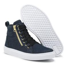 Imagem de Tênis Sneaker Cano Alto Feminino Cadarço Zíper Estilo Macio Azul Jean