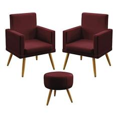 Imagem de Kit 2 Poltronas Decorativas Estofada Para Sala De Estar Vega e Puff Solar Com Rodapé Sued Bordô Aradecor