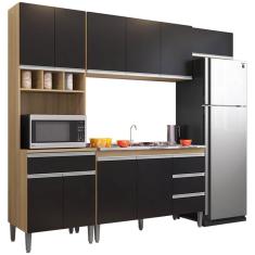 Imagem de Cozinha Modulada 4 Peças Balcão Com Pia 120cm Andréia Amêndoa/preto - Ajl Móveis