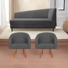 Imagem de Kit Diva Recamier Heitor 140cm Lado Esquerdo e 02 Poltronas Luiza Linho Cinza Escuro - Amarena Móveis
