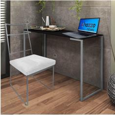 Imagem de Kit Escritório Stark Cadeira e Mesa Industrial Ferro Cinza Tampo MDF Rústico Corino Branco - Ahz Móveis