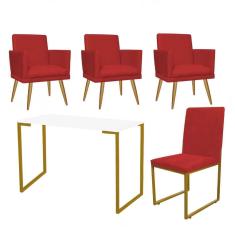 Imagem de Kit Escritório Stan 3 Poltronas Rodapé com Cadeira e Mesa Industrial Branco Dourado Suede Vermelho - Ahz Móveis