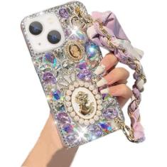 Imagem de Capa com glitter para iPhone 13, linda luxuosa rainha de cristal 3D strass diamante completo com lenço de seda pulseira corrente feminina meninas capa para iPhone 13 6,1 polegadas 2021