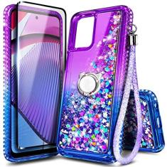 Imagem de NZND Capa compatível com Motorola Moto G 5G (2023) com protetor de tela de vidro temperado (cobertura máxima), suporte de anel/alça de pulso, capa fofa com glitter líquido flutuante cachoeira
