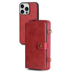 Imagem de HAO RIYLN Capa carteira para iPhone 15 Pro Max/15 Pro/15 Plus/15, capa de adsorção magnética de couro PU com suporte para cartão capa de alça de ombro longa, vermelha, 15 Plus