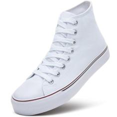 Imagem de ZGR Tênis feminino de lona de cano alto, sapatos de lona com cadarço, tênis casual para caminhada, Branco, 35