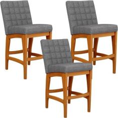 Imagem de Kit 03 Banqueta Baixa Cozinha Bancada Bar Sala Jantar Fixa Mila L02 Linho Cinza Escuro - Lyam Decor